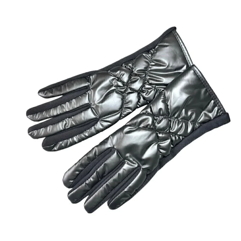 NEW Winter Puffer Gloves Sz.M 7 Gray Metallic Nylon Fleece Touchscreen Friendly